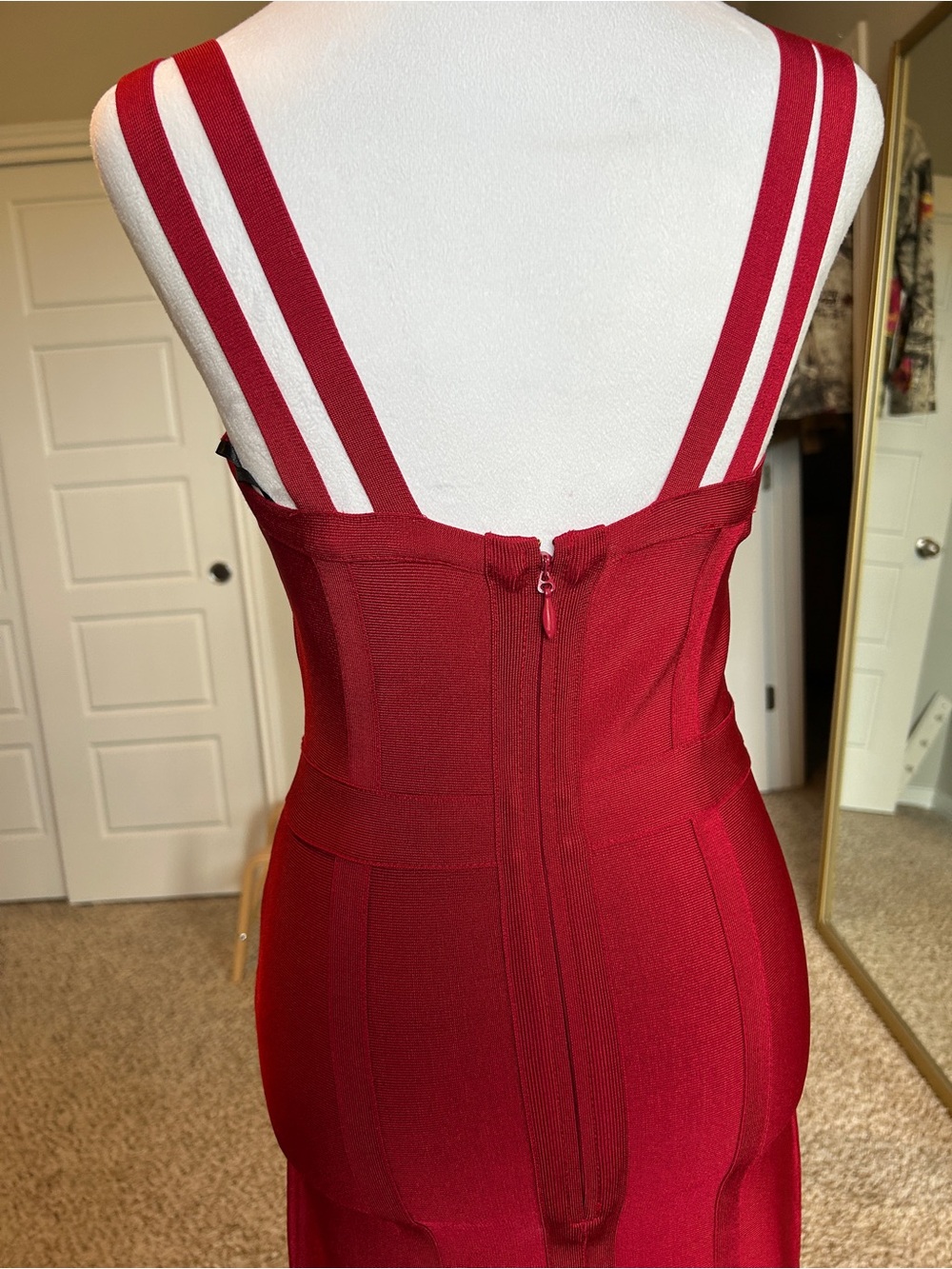 BEBE Red Halter Bandage Bodycon Strappy Evening Going Out Dress Size Medium - Picture 6 of 10